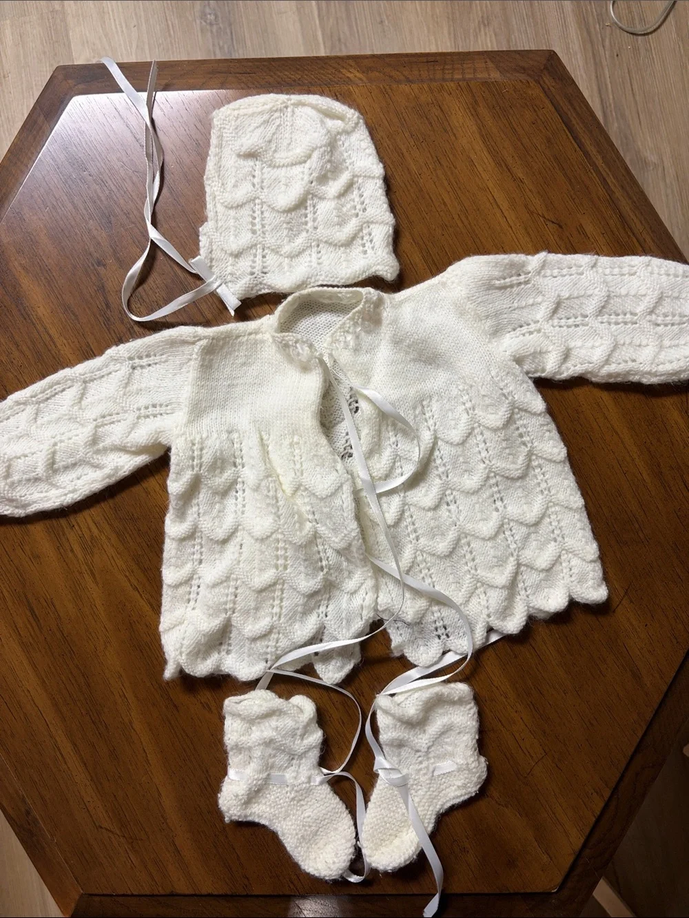Vintage Handknit Ivory Baby Cardigan, Bonnet & Booties Set